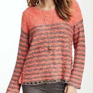 Free People Striped Coral & Grey Crochet Sweater. Size Small